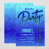 Blue Neon Pixel Teen Birthday Einladung (Vorne/Hinten)