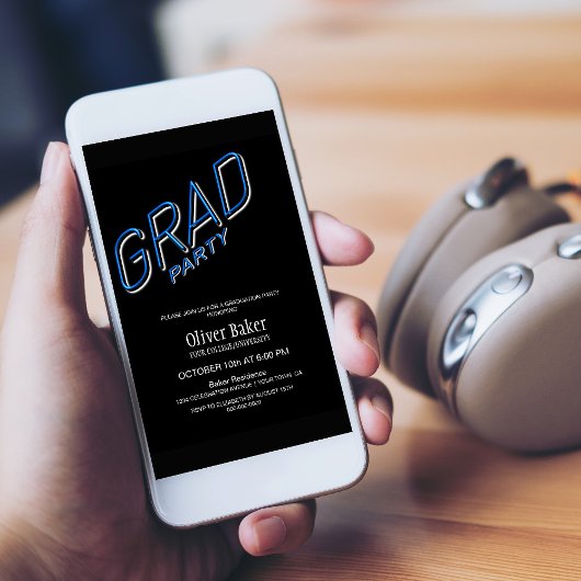 Blue Neon Sign Black Graduation Party Einladung