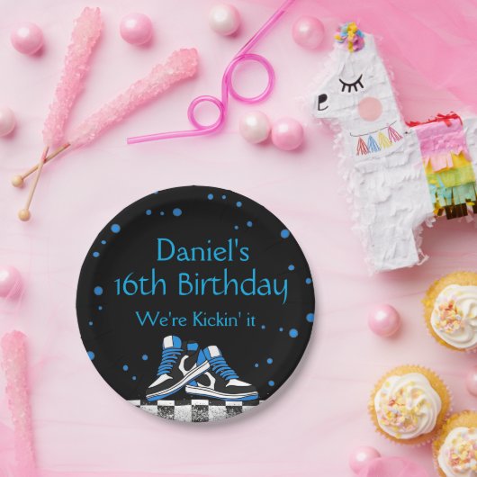 Blue Neon Sneaker Birthday, Glitter  Pappteller (Party)