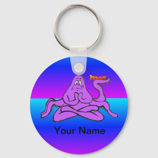 Blue Neon Yoga Octopus Cartoon Cust. Text-Schlüsse Schlüsselanhänger (Vorderseite)