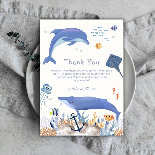 Blue Neutral Ocean Dolphin Whale Boy Baby Shower Dankeskarte