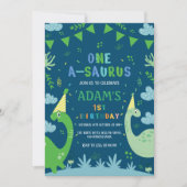 Blue Niedlich First 1. Geburtstag Grüner Dinosauri Einladung (Vorderseite)