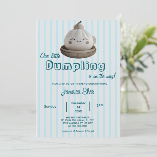 Blue Niedlich Little Dumpling Baby Dusche Einladun Einladung (Stehend Vorderseite)