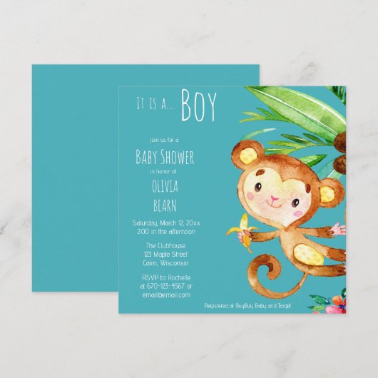 Blue Niedlich Monkey Baby Boy Einladung (Vorne/Hinten)