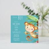 Blue Niedlich Monkey Baby Boy Einladung (Stehend Vorderseite)