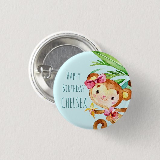 Blue Niedlich Monkey Personalisiert Happy Birthday Button (Vorne & Hinten)