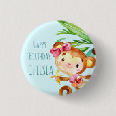 Blue Niedlich Monkey Personalisiert Happy Birthday Button (Vorderseite)