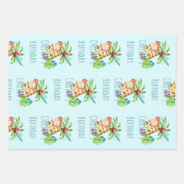 Blue Niedlich Monkey Personalisiert Happy Birthday Geschenkpapier Set