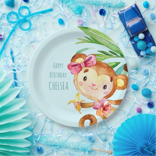 Blue Niedlich Monkey Personalisiert Happy Birthday Pappteller (Party)