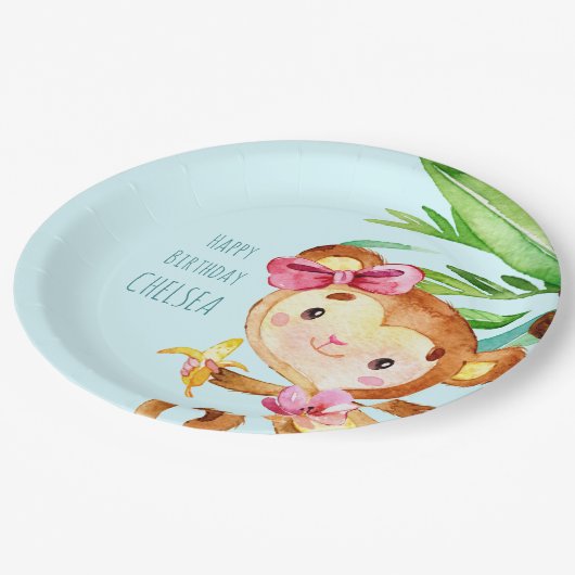 Blue Niedlich Monkey Personalisiert Happy Birthday Pappteller (Schrägansicht)