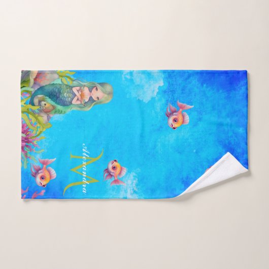 Blue Niedlich Monogram Name Mermaid Badhandtuch Set (Handtuch)