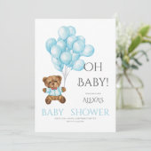 Blue niedlich Oh Babydusche mit Teddy Bärenballon Einladung (Stehend Vorderseite)