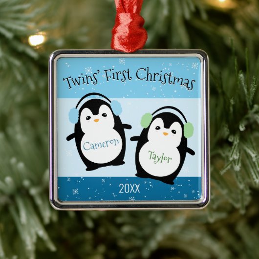 Blue Niedlich Twins First Christmas Pinguine Ornament Aus Metall (Baum)