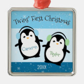 Blue Niedlich Twins First Christmas Pinguine Ornament Aus Metall (Vorne)