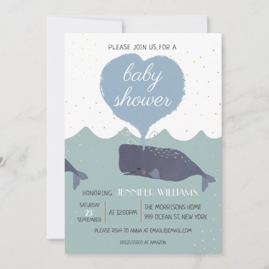 Blue Niedlich Whale Baby Dusche Einladung (Vorderseite)