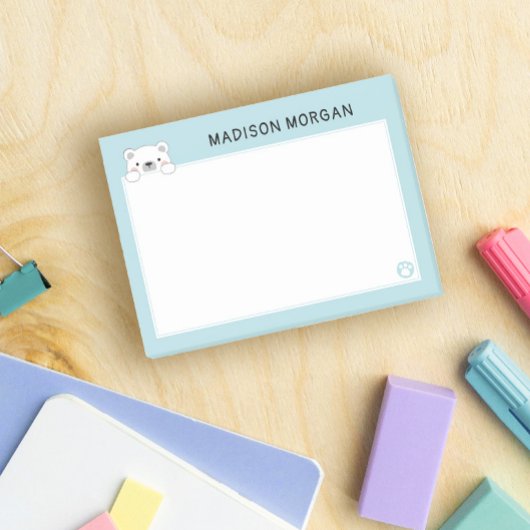 Blue Niedlicher Polar Bär & Paws Name hinzufügen Post-it Klebezettel