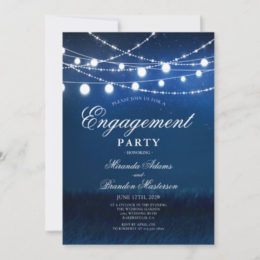 Blue Night and Silight Lights Engagement Party Einladung (Vorderseite)