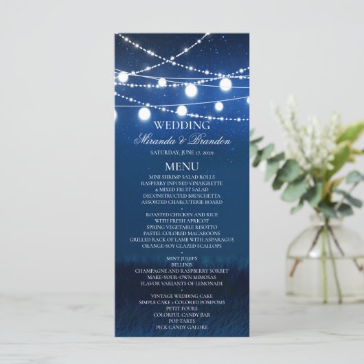 Blue Night and Silver Lights Wedding Menu Card (Stehend Vorderseite)