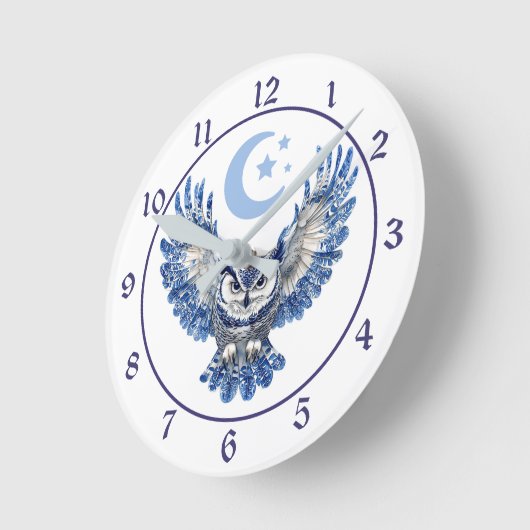Blue Night Owl and Moon Runde Wanduhr (Winkel)