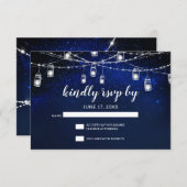 Blue Night Silver Mason Jar String Lights Hochzeit RSVP Karte (Vorne/Hinten)