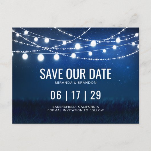 Blue Night & Silver String Lights Save the Date Ankündigungspostkarte (Vorderseite)