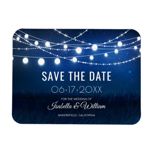 Blue Night & Silver String Lights Save the Date Magnet (Horizontal)