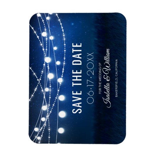 Blue Night & Silver String Lights Save the Date Magnet (Vertikal)
