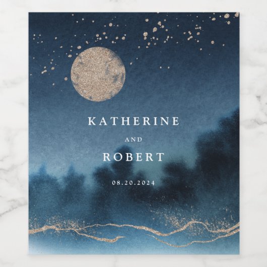 Blue Night Watercolor Landschaft Hochzeitsweinlabe Weinetikett (Einzelnes Label)