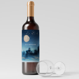 Blue Night Watercolor Landschaft Hochzeitsweinlabe Weinetikett