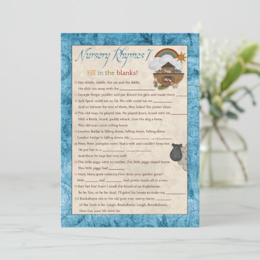 Blue Noah's Ark Kinderzimmer Rhyme Baby Shower Gam Einladung (Stehend Vorderseite)