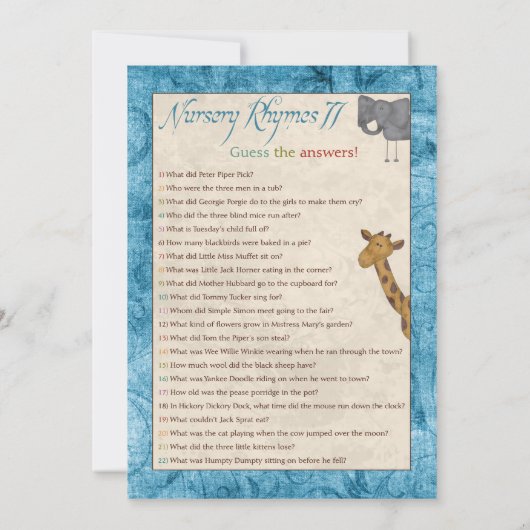 Blue Noah's Ark Kinderzimmer Rhyme Baby Shower Gam Einladung (Rückseite)