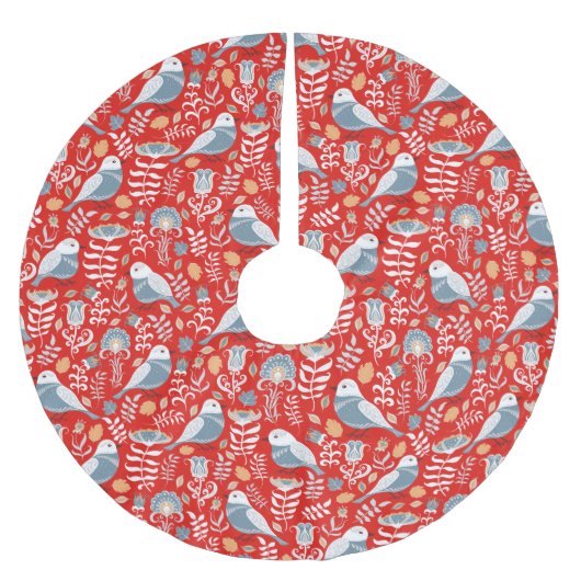 Blue Nordic Bird in Red Polyester Weihnachtsbaumdecke (Vorderseite)