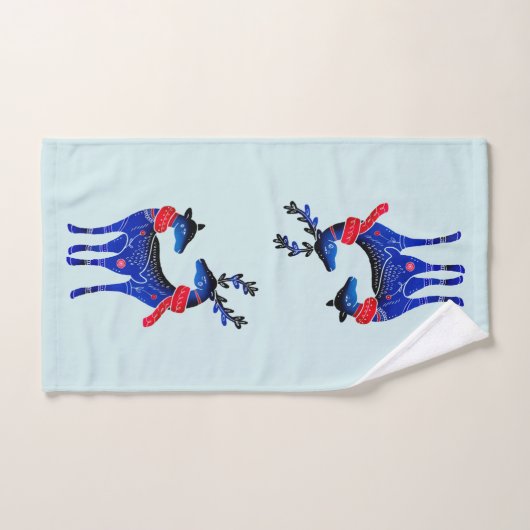 Blue Nordic Christmas Reindeer Pair Badhandtuch Set (Handtuch)