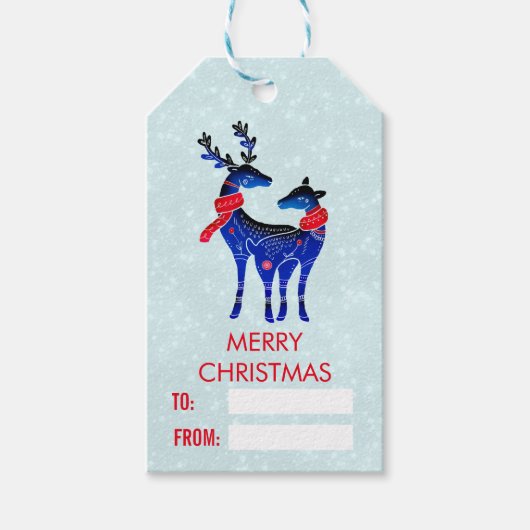 Blue Nordic Christmas Reindeer Pair Geschenkanhänger (Vorderseite)
