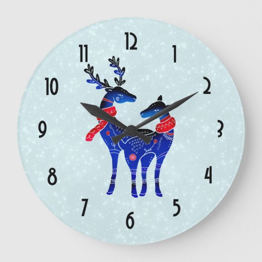 Blue Nordic Christmas Reindeer Pair Große Wanduhr (Vorderseite)