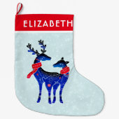 Blue Nordic Christmas Reindeer Pair Großer Weihnachtsstrumpf (Vorderseite)