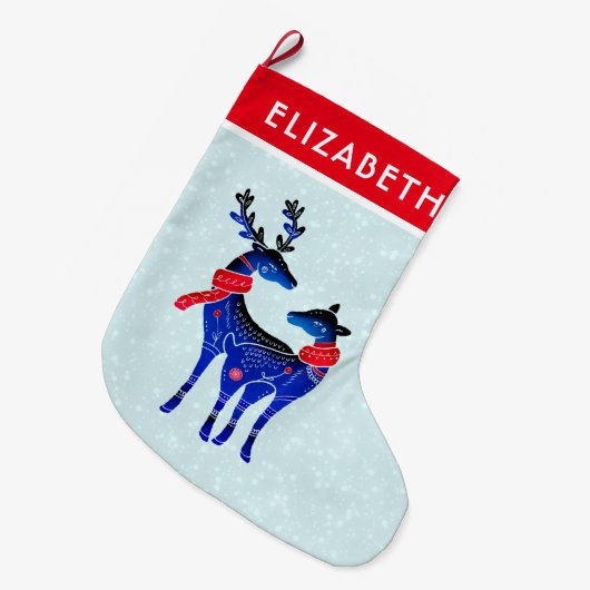 Blue Nordic Christmas Reindeer Pair Großer Weihnachtsstrumpf (Vorderansicht (hängend))