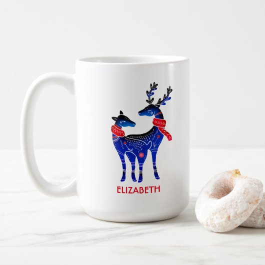 Blue Nordic Christmas Reindeer Pair Kaffeetasse (Mit Donut)