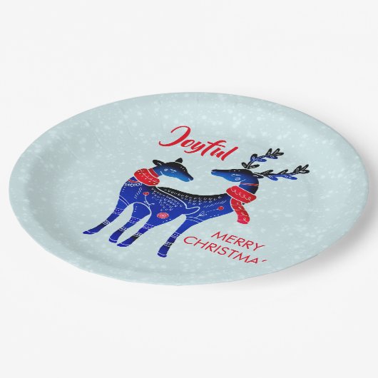 Blue Nordic Christmas Reindeer Pair Pappteller (Schrägansicht)