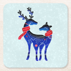 Blue Nordic Christmas Reindeer Pair Rechteckiger Pappuntersetzer