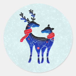 Blue Nordic Christmas Reindeer Pair Runder Aufkleber