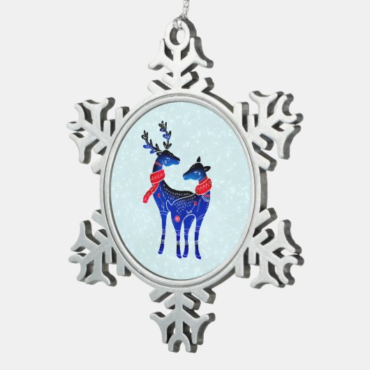 Blue Nordic Christmas Reindeer Pair Schneeflocken Zinn-Ornament (Rechts)