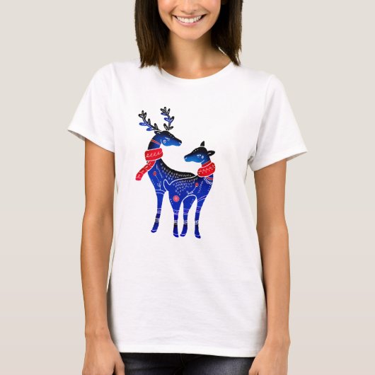 Blue Nordic Christmas Reindeer Pair T-Shirt (Vorderseite)