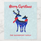 Blue Nordic Christmas Reindeer Pair Weinetikett (Einzelnes Label)