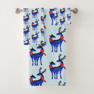 Blue Nordic Christmas Rentier Pair Pattern Badhandtuch Set