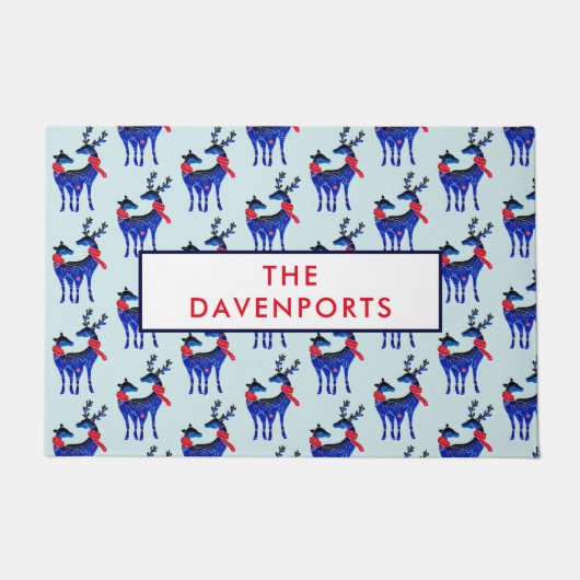 Blue Nordic Christmas Rentier Pair Pattern Fußmatte (Vorderseite)