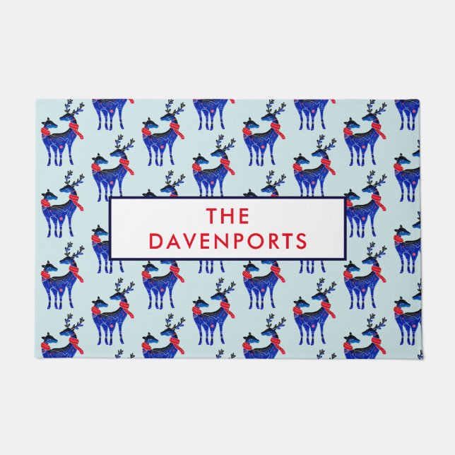 Blue Nordic Christmas Rentier Pair Pattern Fußmatte (Vorderseite)