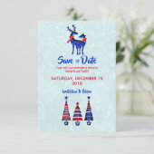 Blue Nordic Christmas Rentier Pair Save the Date Einladung (Stehend Vorderseite)