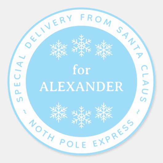 Blue North Pole Special Delivery from Santa Name Runder Aufkleber (Vorderseite)