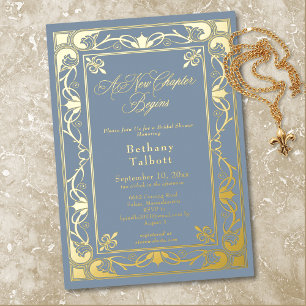 Blue Nouveau Vintage Neues Kapitel Brautparty Folieneinladung